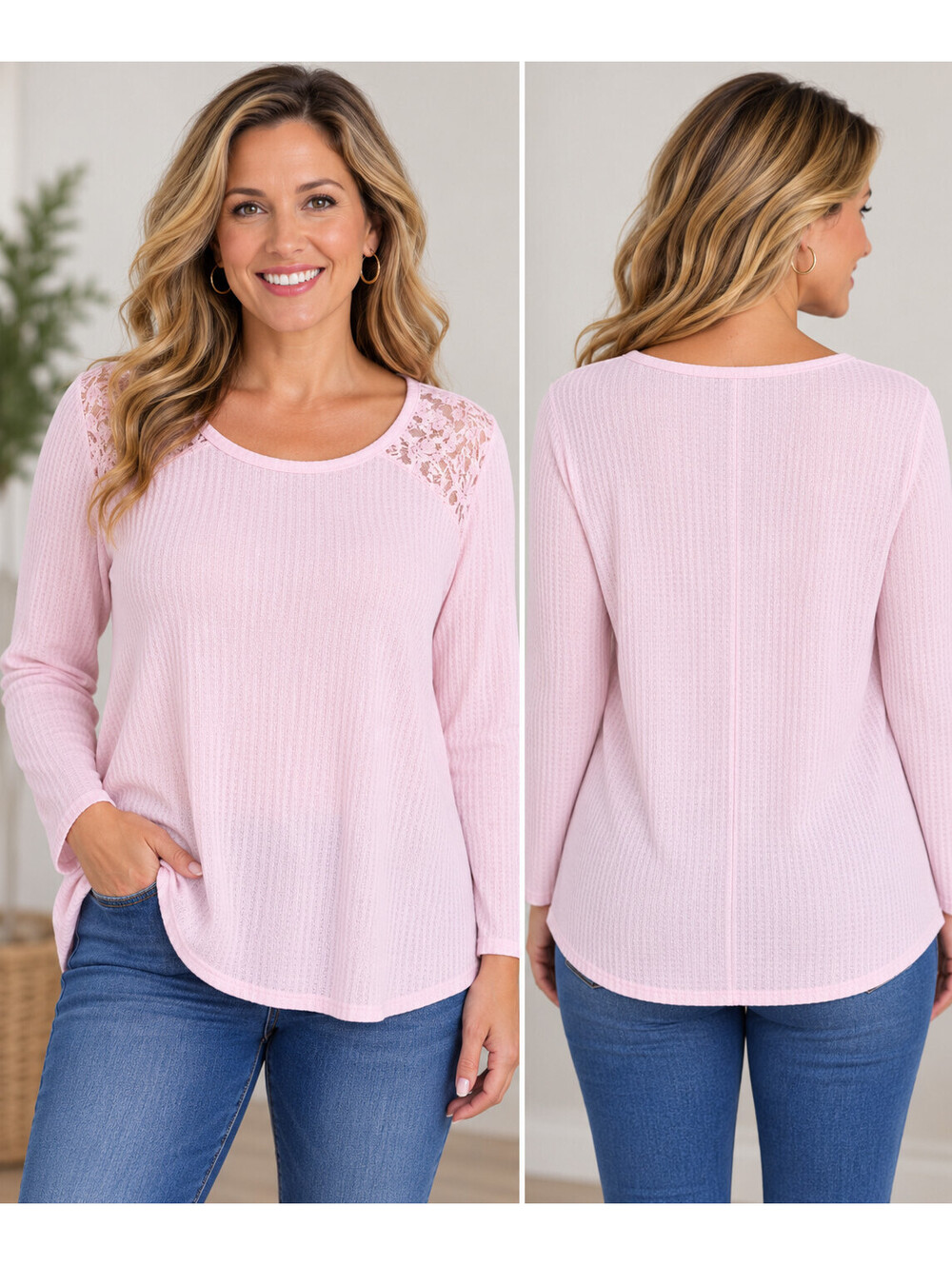 Faded Glory Solid Pink Pullover Top Lace Shoulders Size XL